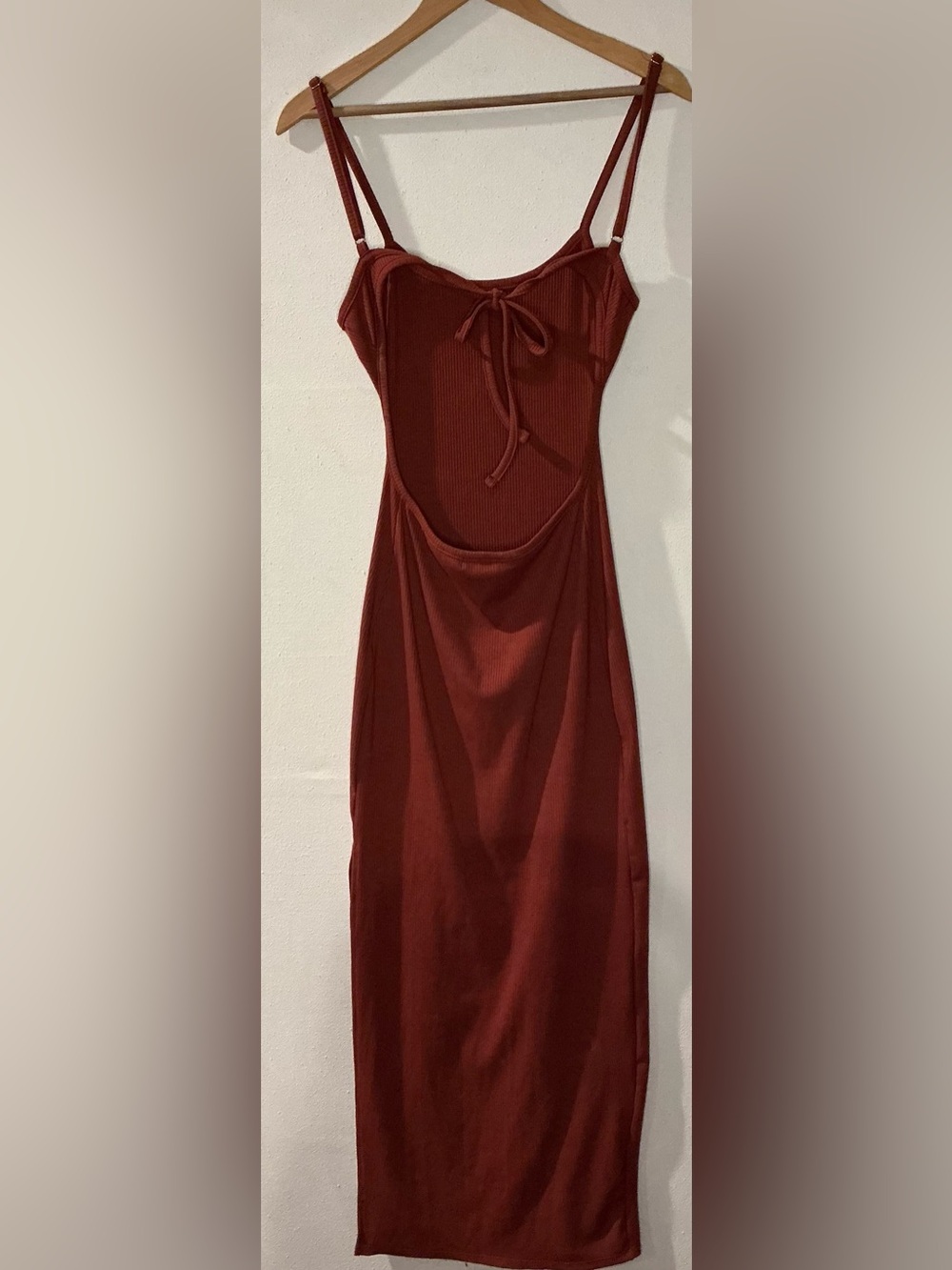 Lulus Rust Ribbed Maxi Dress XS Stretch Tie Back Side Slit - Picture 3 of 12